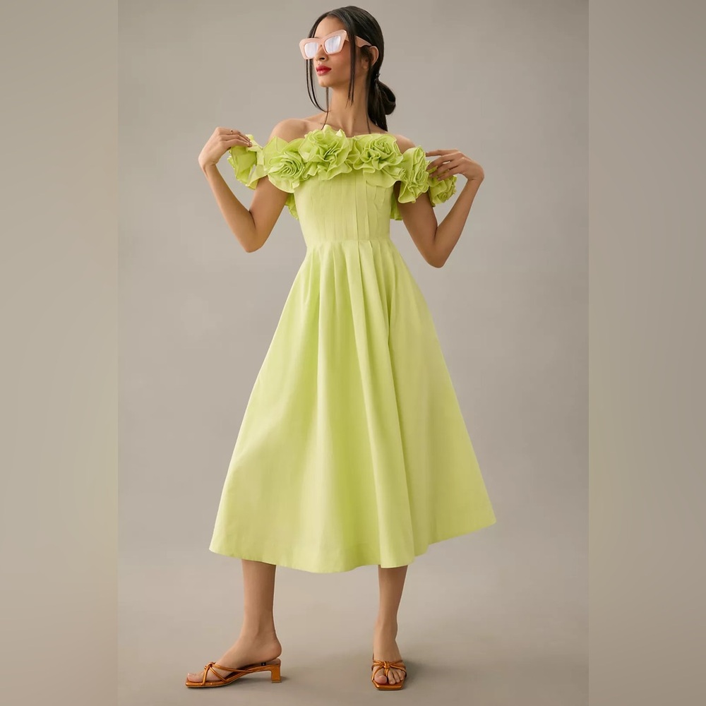 The Corina Ruffled Dress by Maeve Anthropologie in Chartreuse